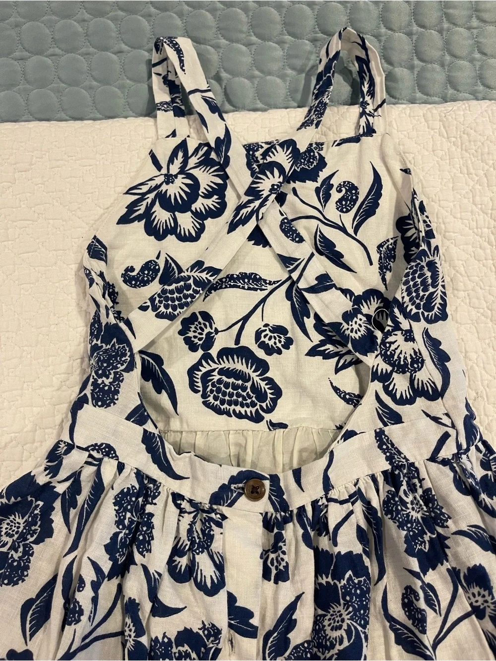 Polo Ralph Lauren White Navy Floral Summer Dress Linen Cotton Cross Low Back Sz5